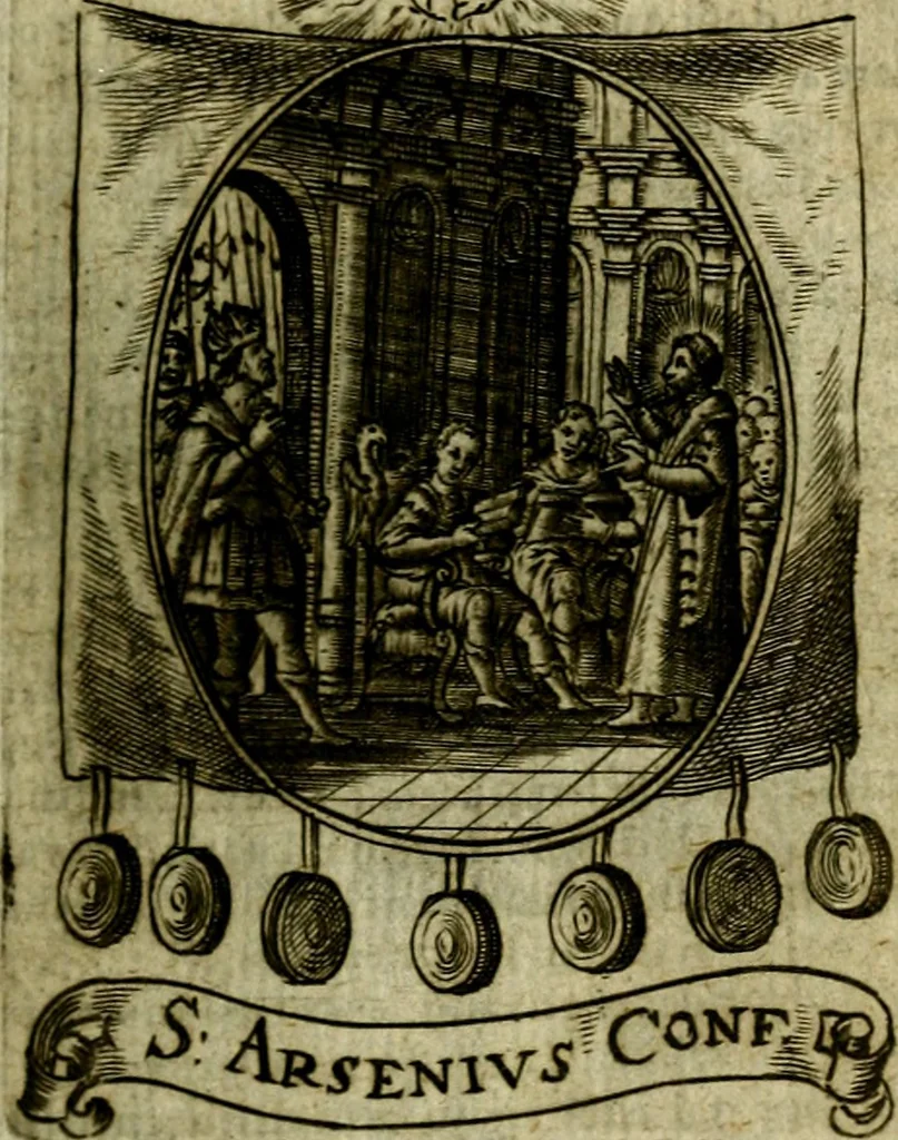 An illustration from Fasti Mariani cum illustrium diuorum imaginib. & elogijs prope DC. in singulos anni menses diésq SS. natales distributis, 1630, leaf 62