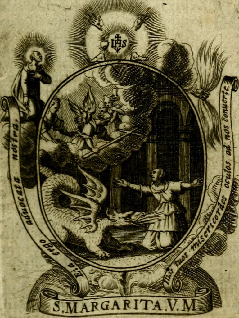 An illustration from Fasti Mariani cum illustrium diuorum imaginib. & elogijs prope DC. in singulos anni menses diésq SS. natales distributis, 1630, leaf 64