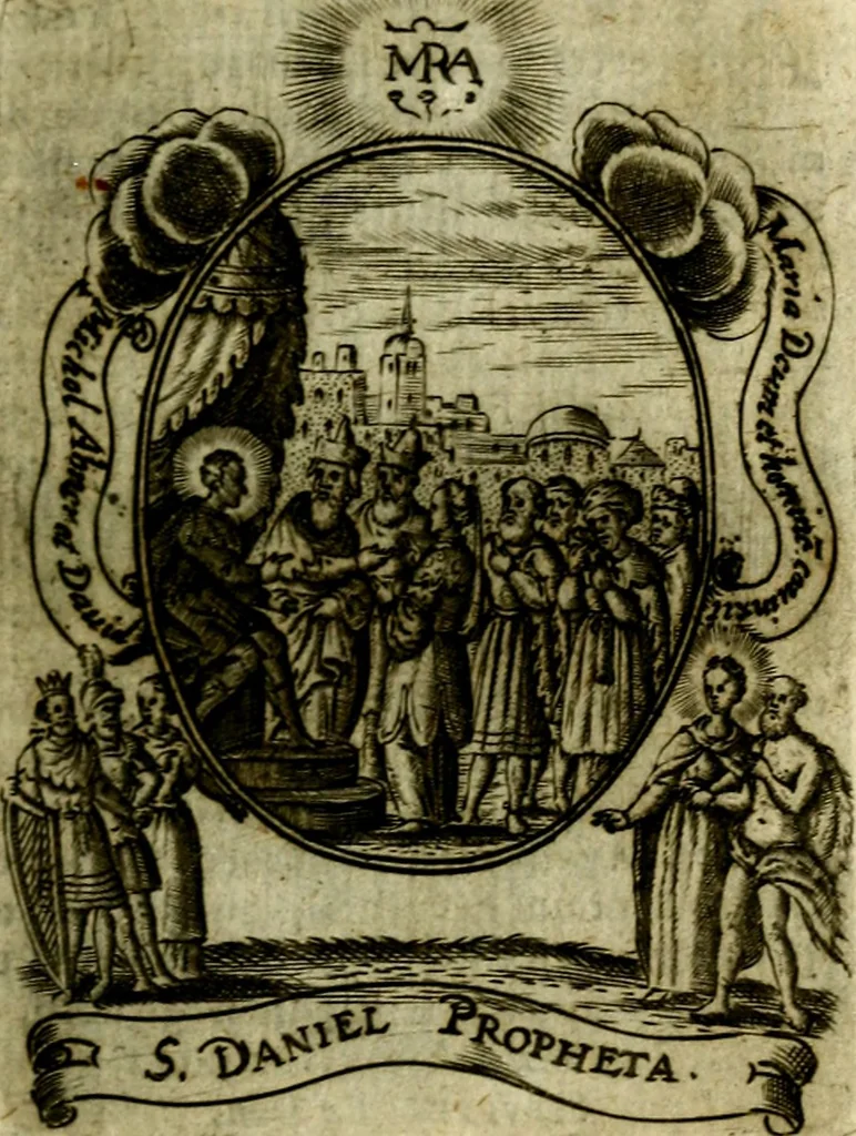 An illustration from Fasti Mariani cum illustrium diuorum imaginib. & elogijs prope DC. in singulos anni menses diésq SS. natales distributis, 1630, leaf 66