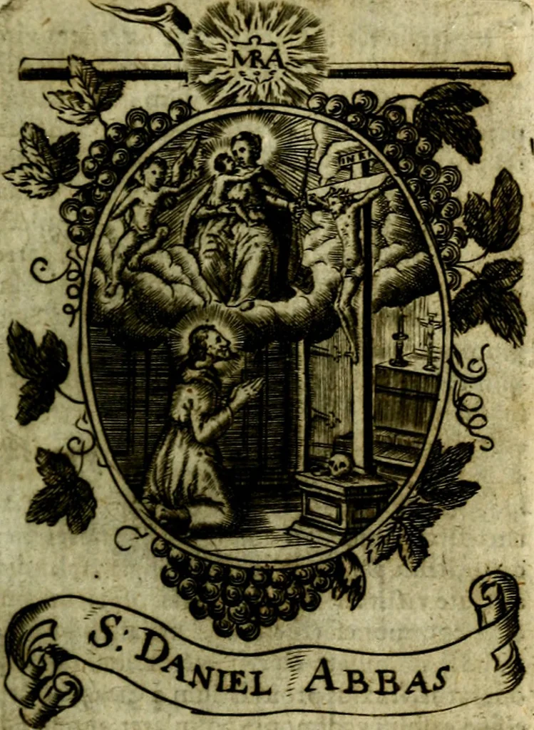 An illustration from Fasti Mariani cum illustrium diuorum imaginib. & elogijs prope DC. in singulos anni menses diésq SS. natales distributis, 1630, leaf 68