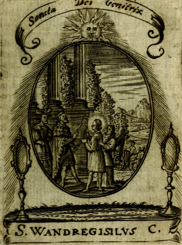 An illustration from Fasti Mariani cum illustrium diuorum imaginib. & elogijs prope DC. in singulos anni menses diésq SS. natales distributis, 1630, leaf 70