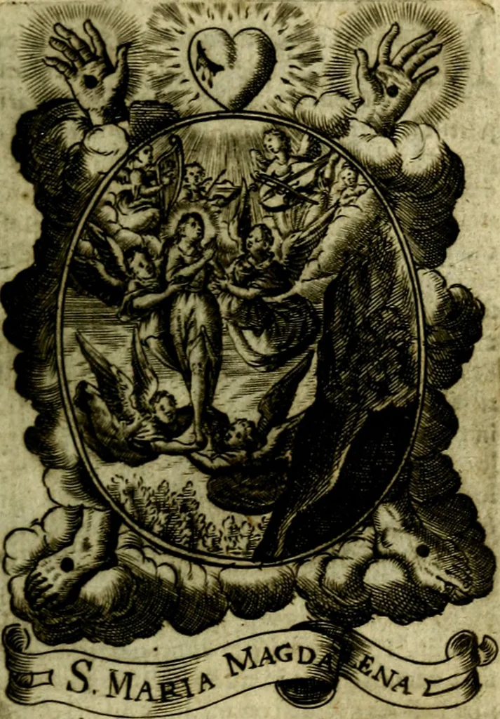 An illustration from Fasti Mariani cum illustrium diuorum imaginib. & elogijs prope DC. in singulos anni menses diésq SS. natales distributis, 1630, leaf 72