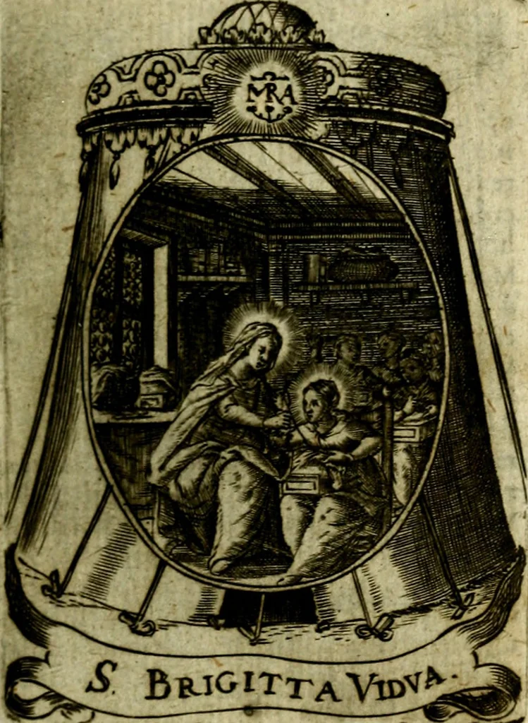An illustration from Fasti Mariani cum illustrium diuorum imaginib. & elogijs prope DC. in singulos anni menses diésq SS. natales distributis, 1630, leaf 74