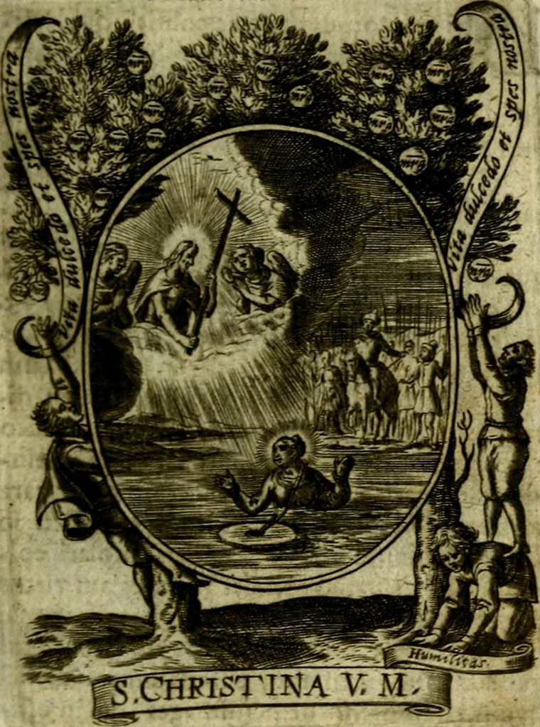 An illustration from Fasti Mariani cum illustrium diuorum imaginib. & elogijs prope DC. in singulos anni menses diésq SS. natales distributis, 1630, leaf 76