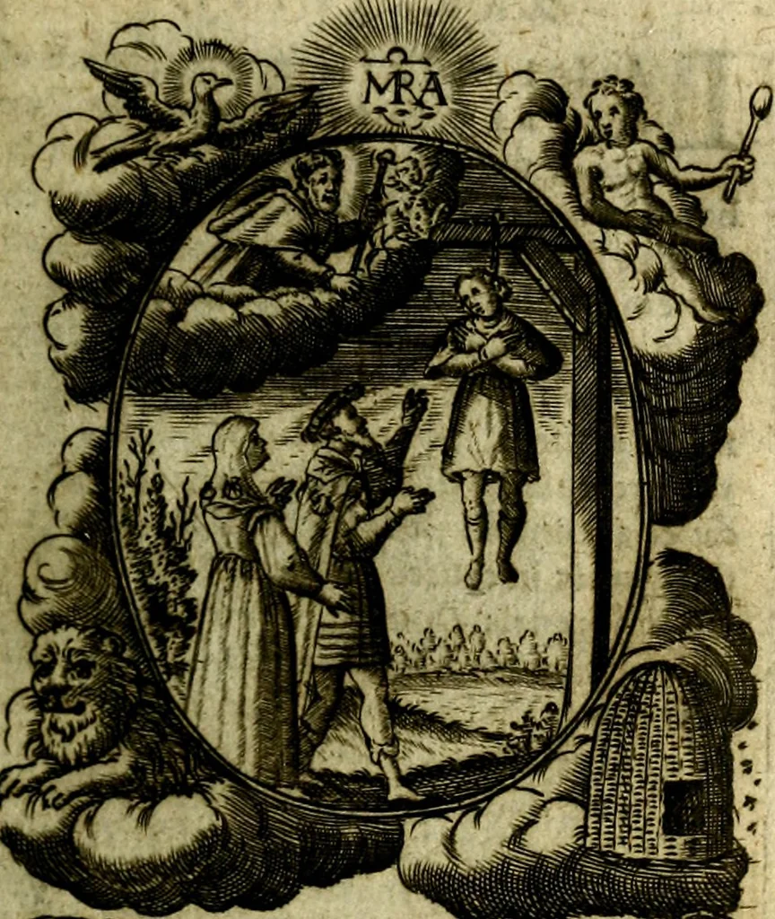An illustration from Fasti Mariani cum illustrium diuorum imaginib. & elogijs prope DC. in singulos anni menses diésq SS. natales distributis, 1630, leaf 80
