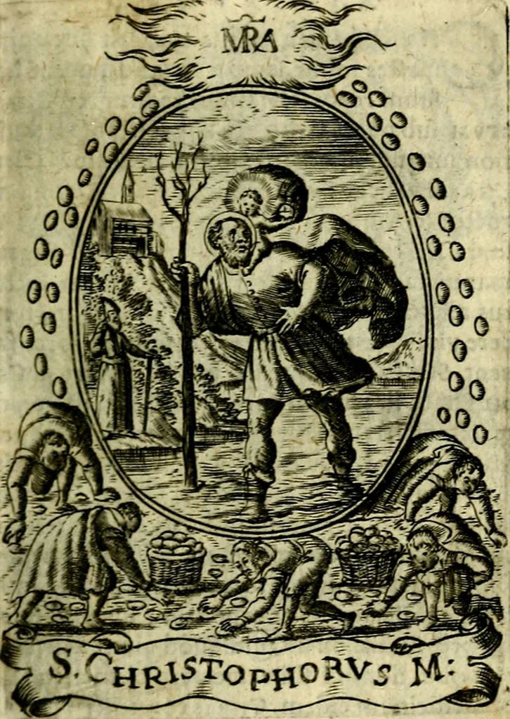 An illustration from Fasti Mariani cum illustrium diuorum imaginib. & elogijs prope DC. in singulos anni menses diésq SS. natales distributis, 1630, leaf 82