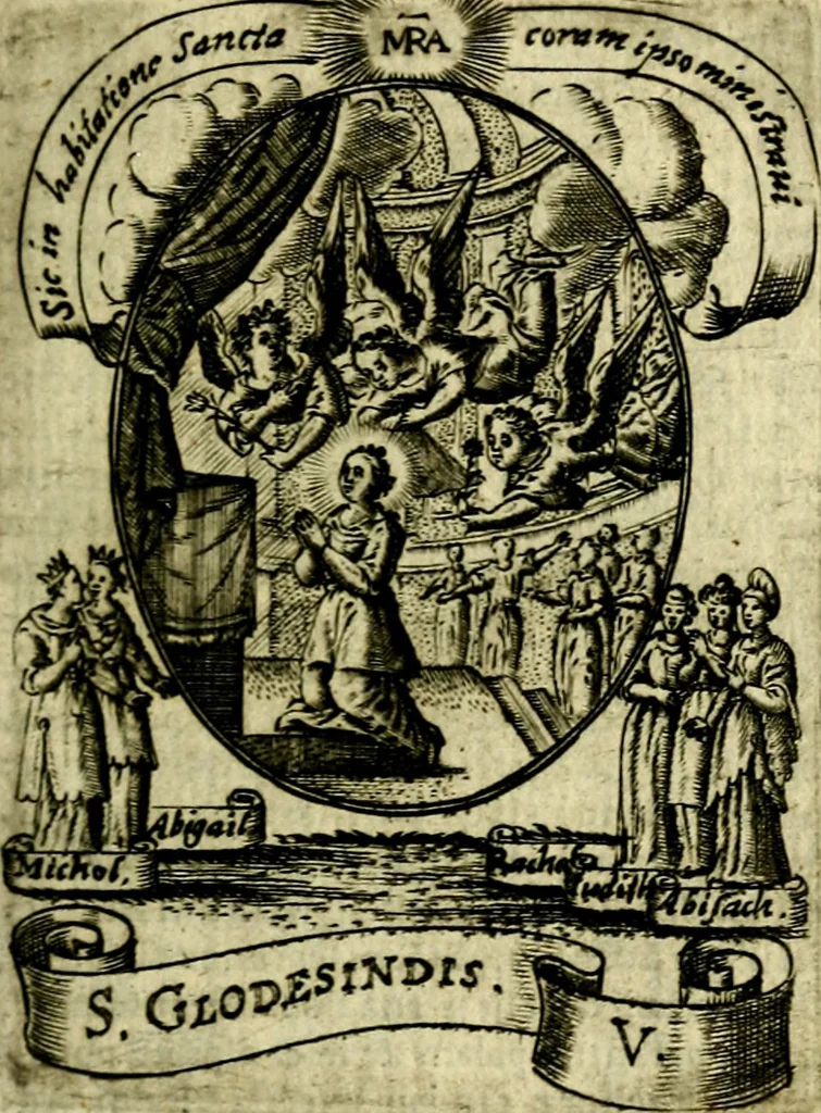 An illustration from Fasti Mariani cum illustrium diuorum imaginib. & elogijs prope DC. in singulos anni menses diésq SS. natales distributis, 1630, leaf 84