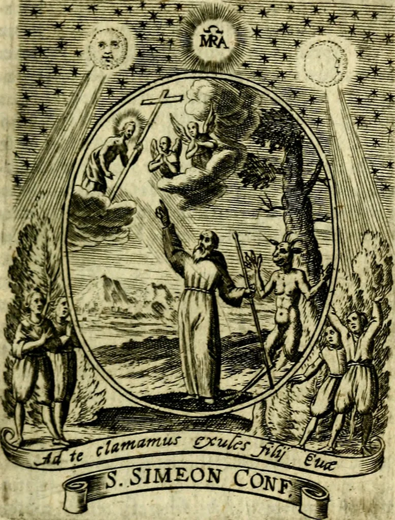 An illustration from Fasti Mariani cum illustrium diuorum imaginib. & elogijs prope DC. in singulos anni menses diésq SS. natales distributis, 1630, leaf 86