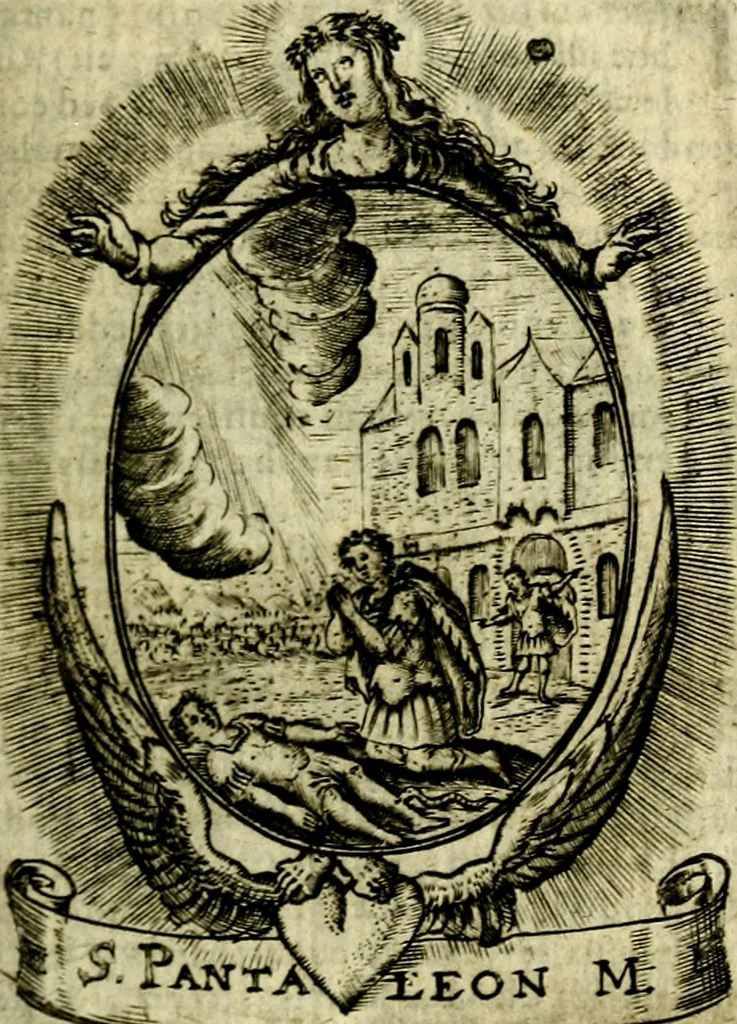 An illustration from Fasti Mariani cum illustrium diuorum imaginib. & elogijs prope DC. in singulos anni menses diésq SS. natales distributis, 1630, leaf 88