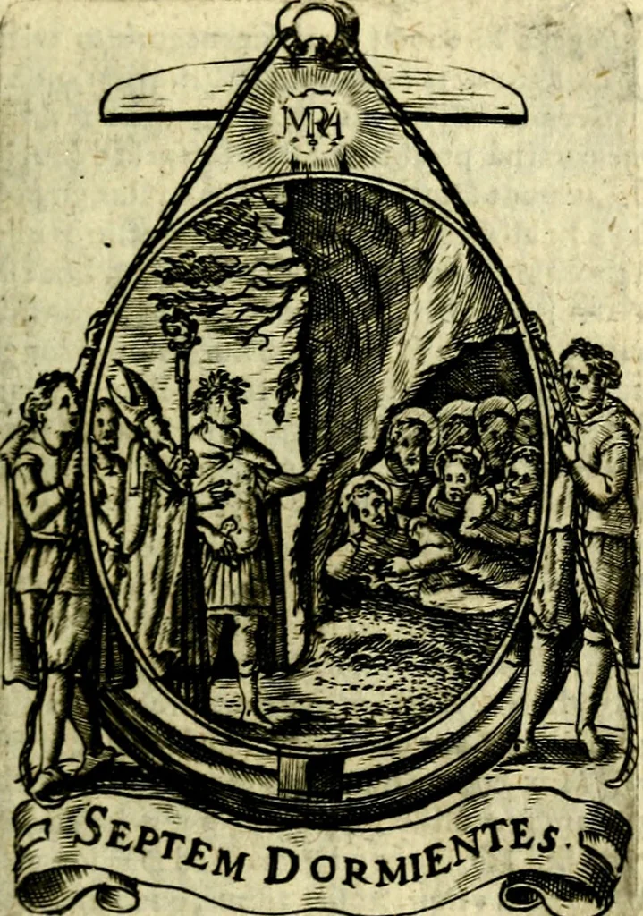 An illustration from Fasti Mariani cum illustrium diuorum imaginib. & elogijs prope DC. in singulos anni menses diésq SS. natales distributis, 1630, leaf 90