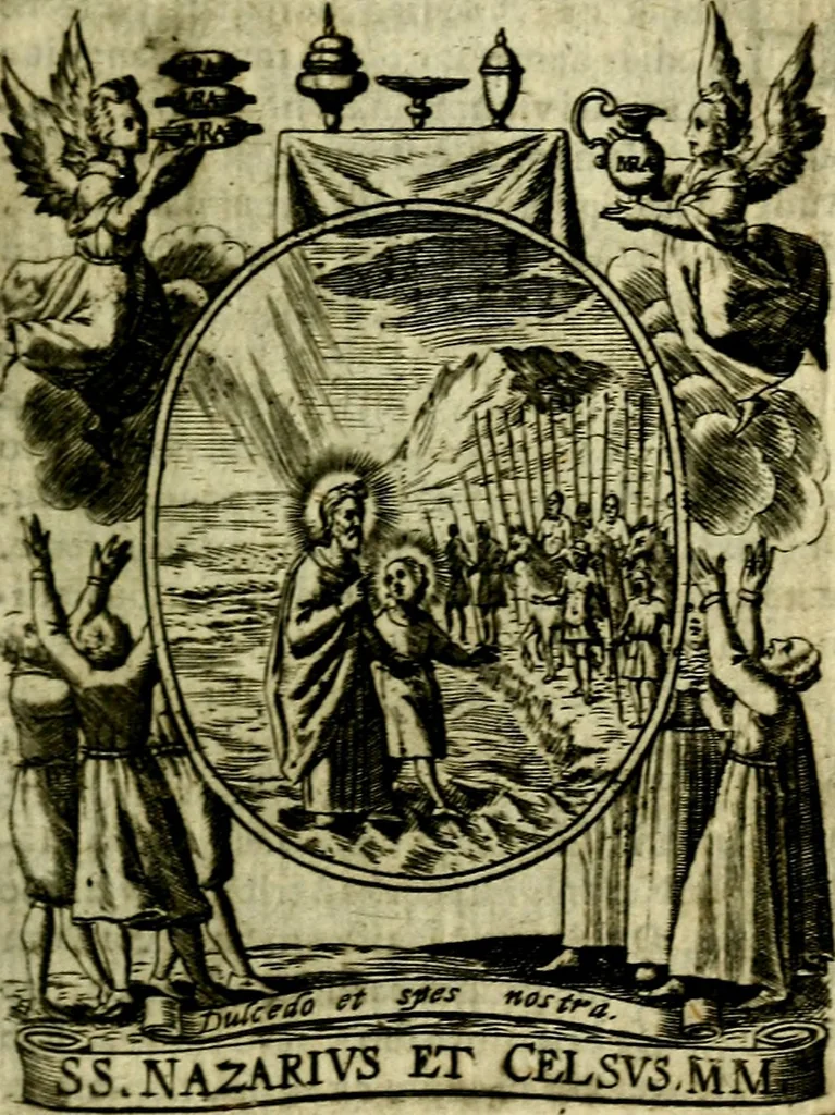 An illustration from Fasti Mariani cum illustrium diuorum imaginib. & elogijs prope DC. in singulos anni menses diésq SS. natales distributis, 1630, leaf 92