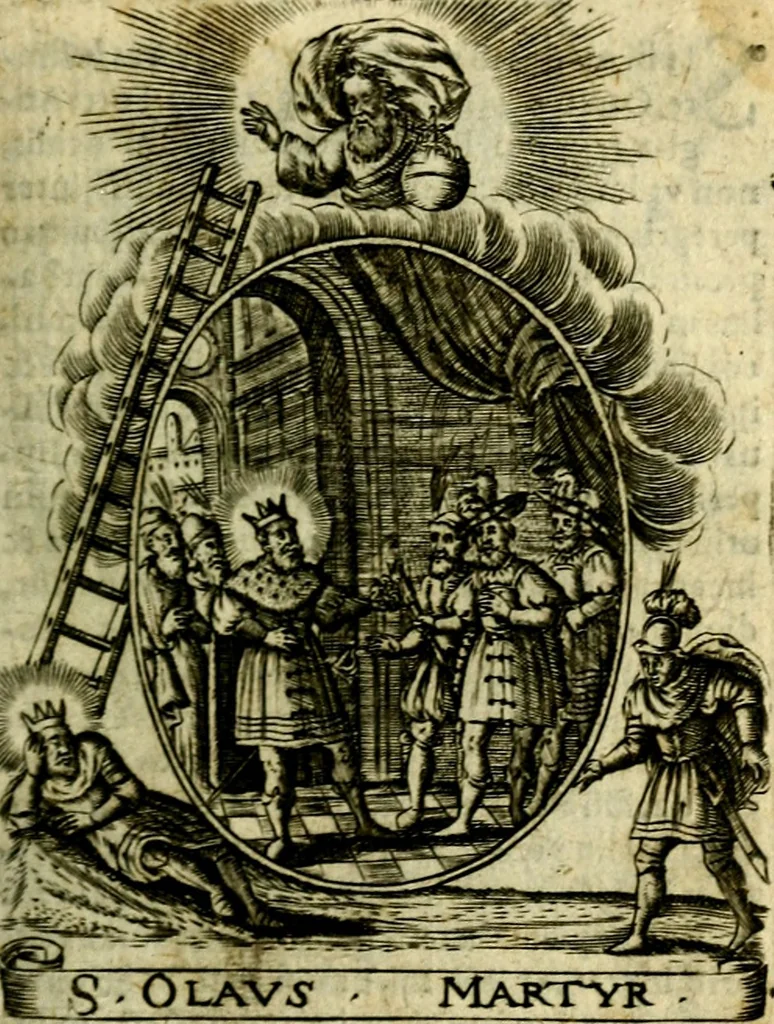 An illustration from Fasti Mariani cum illustrium diuorum imaginib. & elogijs prope DC. in singulos anni menses diésq SS. natales distributis, 1630, leaf 94