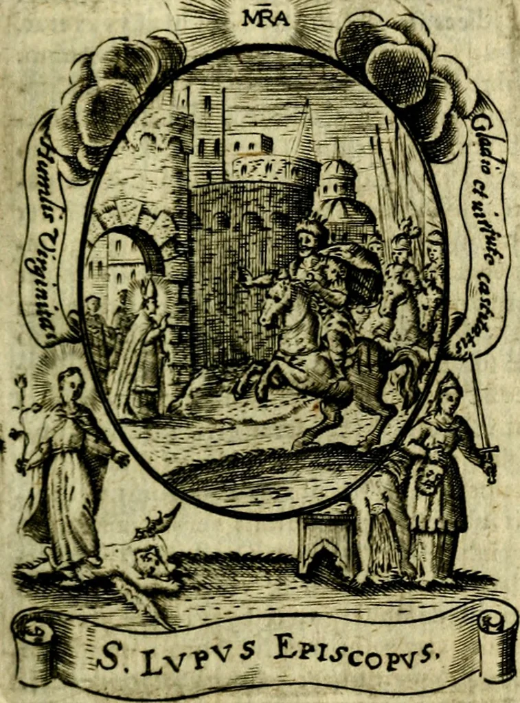 An illustration from Fasti Mariani cum illustrium diuorum imaginib. & elogijs prope DC. in singulos anni menses diésq SS. natales distributis, 1630, leaf 96
