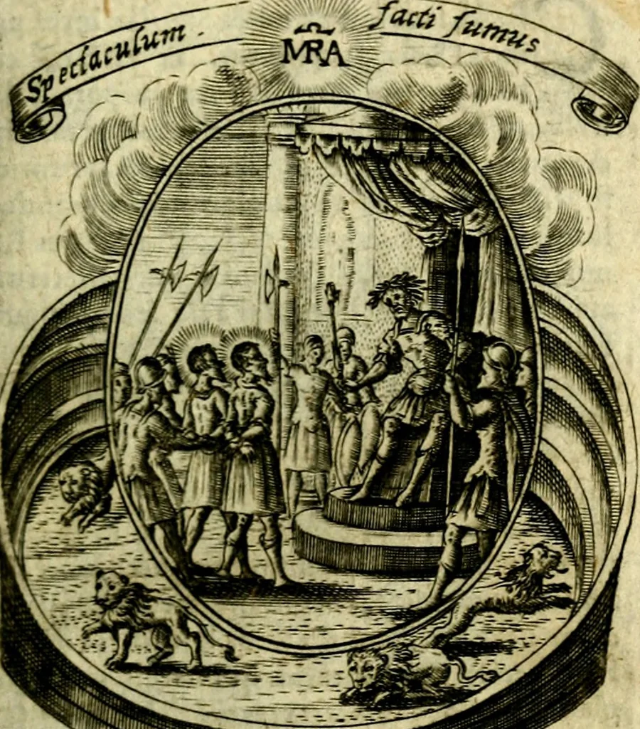 An illustration from Fasti Mariani cum illustrium diuorum imaginib. & elogijs prope DC. in singulos anni menses diésq SS. natales distributis, 1630, leaf 98