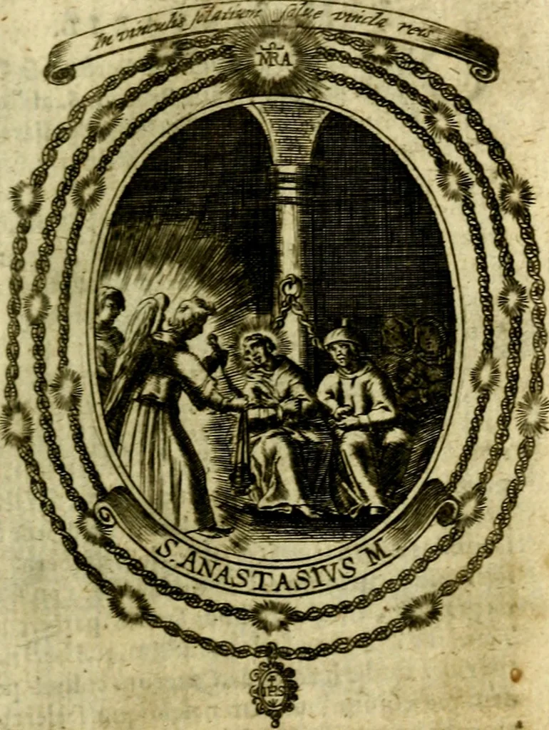 An illustration from Fasti Mariani cum illustrium diuorum imaginib. & elogijs prope DC. in singulos anni menses diésq SS. natales distributis, 1630, leaf 100