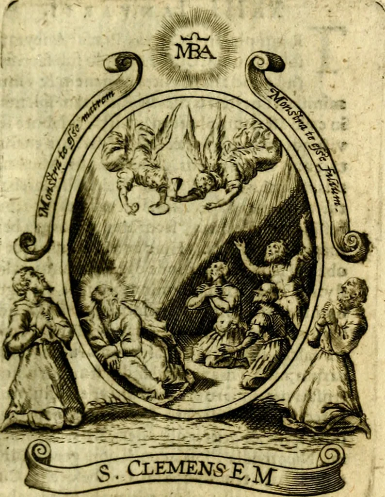 An illustration from Fasti Mariani cum illustrium diuorum imaginib. & elogijs prope DC. in singulos anni menses diésq SS. natales distributis, 1630, leaf 102