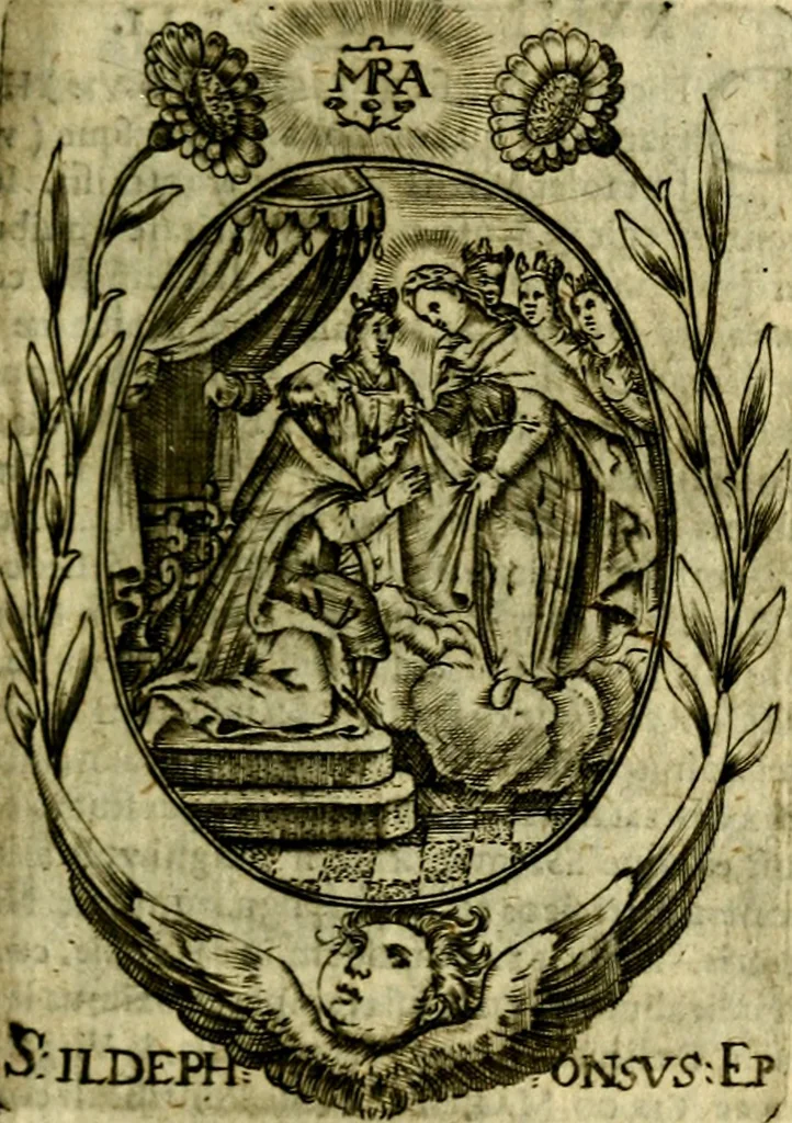 An illustration from Fasti Mariani cum illustrium diuorum imaginib. & elogijs prope DC. in singulos anni menses diésq SS. natales distributis, 1630, leaf 106