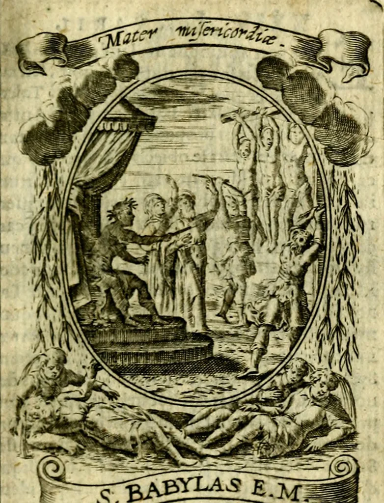 An illustration from Fasti Mariani cum illustrium diuorum imaginib. & elogijs prope DC. in singulos anni menses diésq SS. natales distributis, 1630, leaf 108