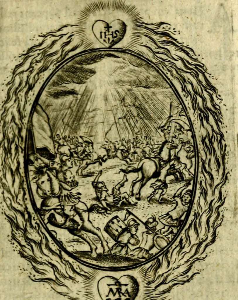 An illustration from Fasti Mariani cum illustrium diuorum imaginib. & elogijs prope DC. in singulos anni menses diésq SS. natales distributis, 1630, leaf 110