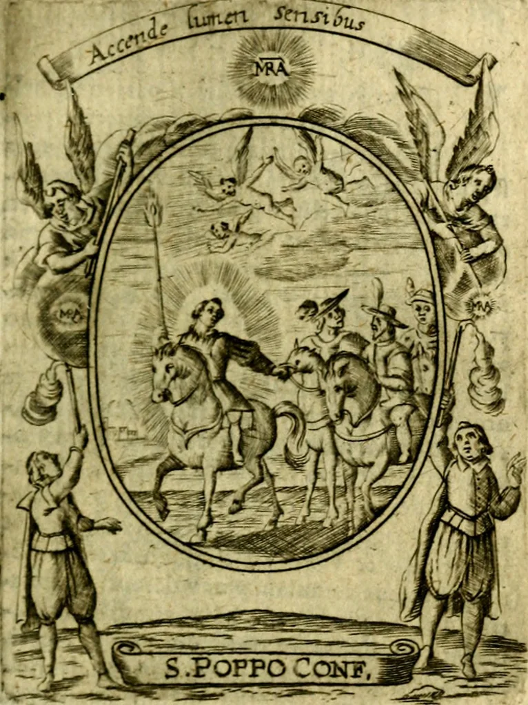 An illustration from Fasti Mariani cum illustrium diuorum imaginib. & elogijs prope DC. in singulos anni menses diésq SS. natales distributis, 1630, leaf 112