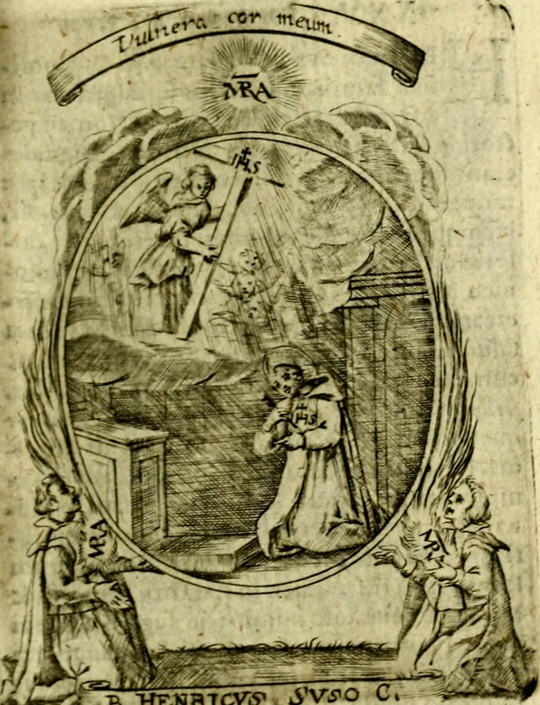 An illustration from Fasti Mariani cum illustrium diuorum imaginib. & elogijs prope DC. in singulos anni menses diésq SS. natales distributis, 1630, leaf 114