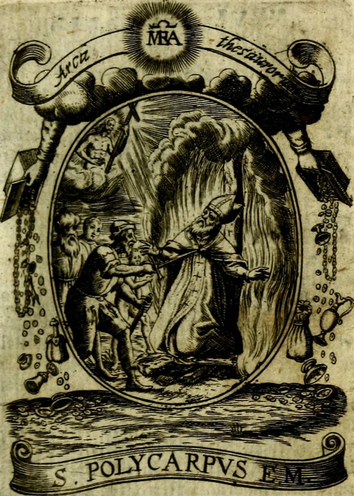 An illustration from Fasti Mariani cum illustrium diuorum imaginib. & elogijs prope DC. in singulos anni menses diésq SS. natales distributis, 1630, leaf 116