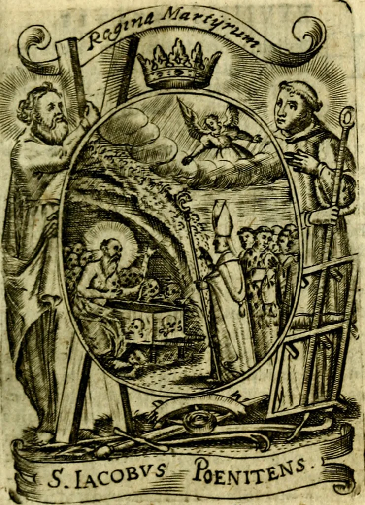 An illustration from Fasti Mariani cum illustrium diuorum imaginib. & elogijs prope DC. in singulos anni menses diésq SS. natales distributis, 1630, leaf 120