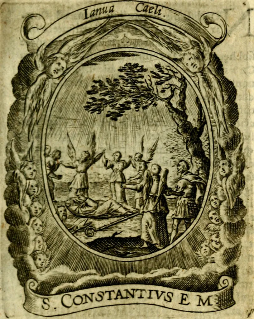 An illustration from Fasti Mariani cum illustrium diuorum imaginib. & elogijs prope DC. in singulos anni menses diésq SS. natales distributis, 1630, leaf 122