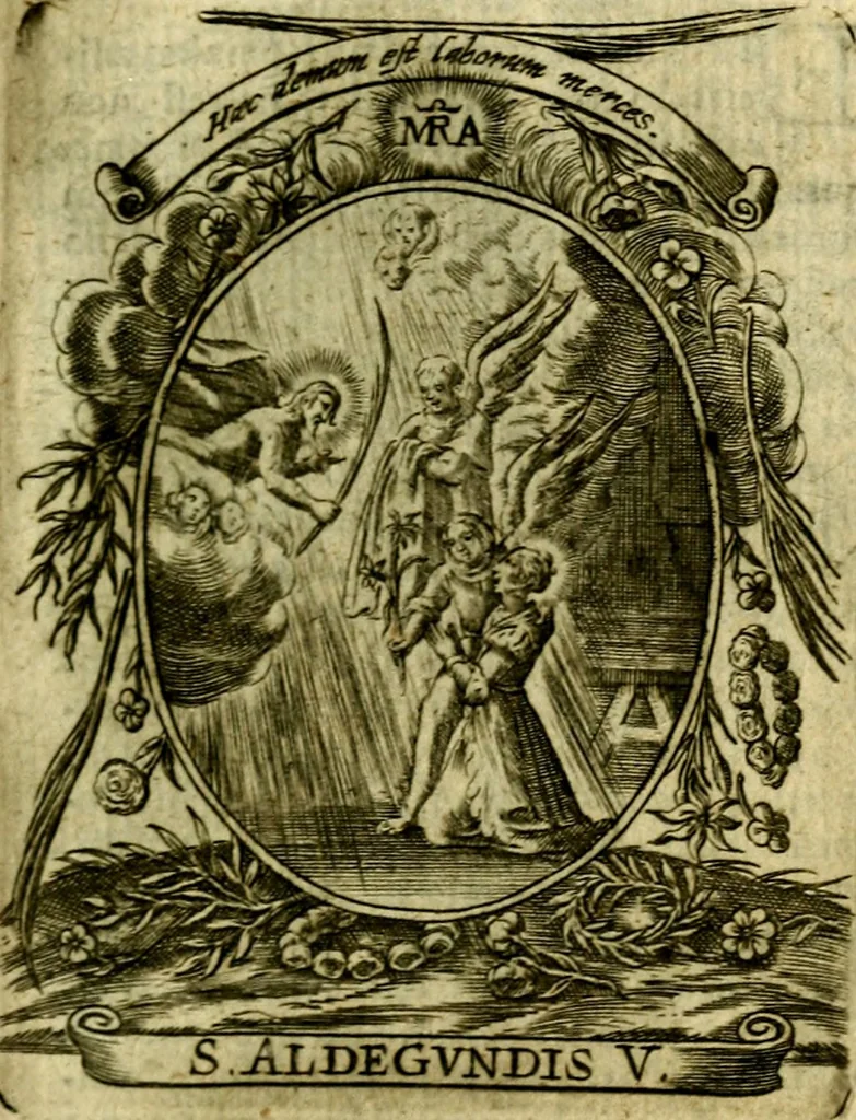 An illustration from Fasti Mariani cum illustrium diuorum imaginib. & elogijs prope DC. in singulos anni menses diésq SS. natales distributis, 1630, leaf 124