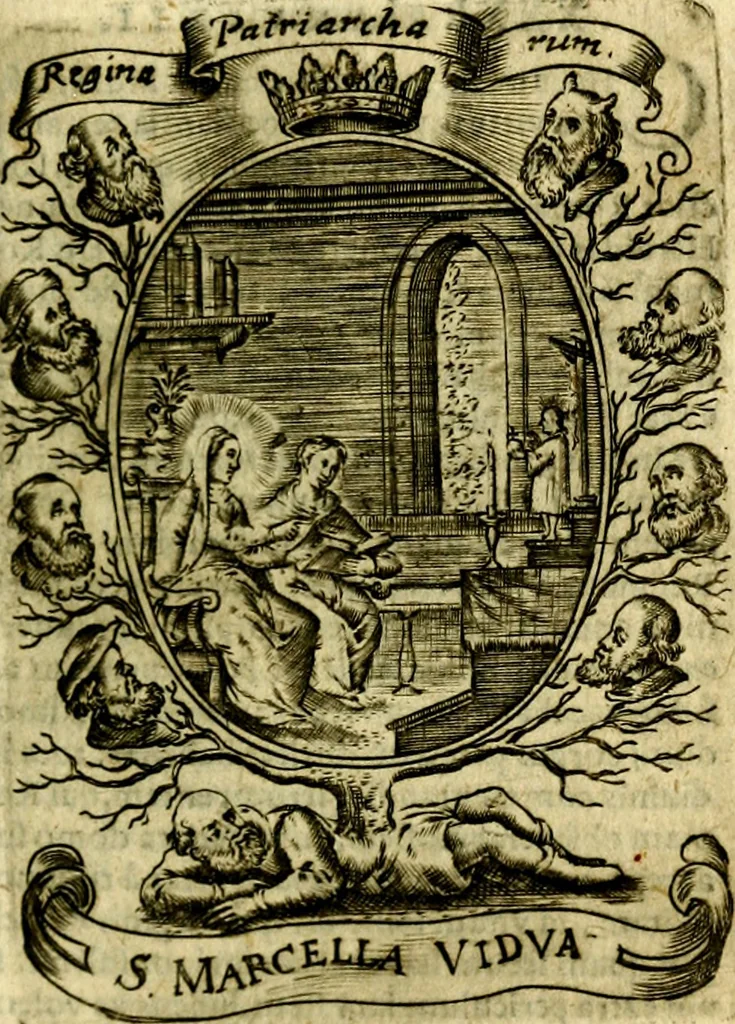 An illustration from Fasti Mariani cum illustrium diuorum imaginib. & elogijs prope DC. in singulos anni menses diésq SS. natales distributis, 1630, leaf 126
