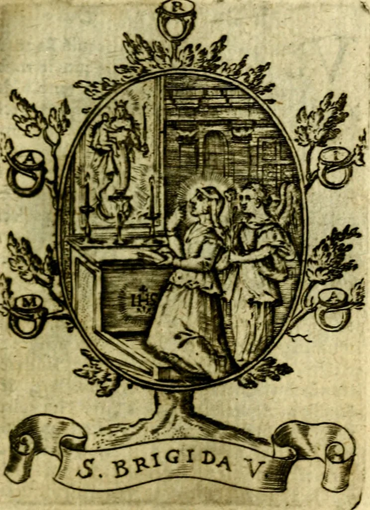 An illustration from Fasti Mariani cum illustrium diuorum imaginib. & elogijs prope DC. in singulos anni menses diésq SS. natales distributis, 1630, leaf 134
