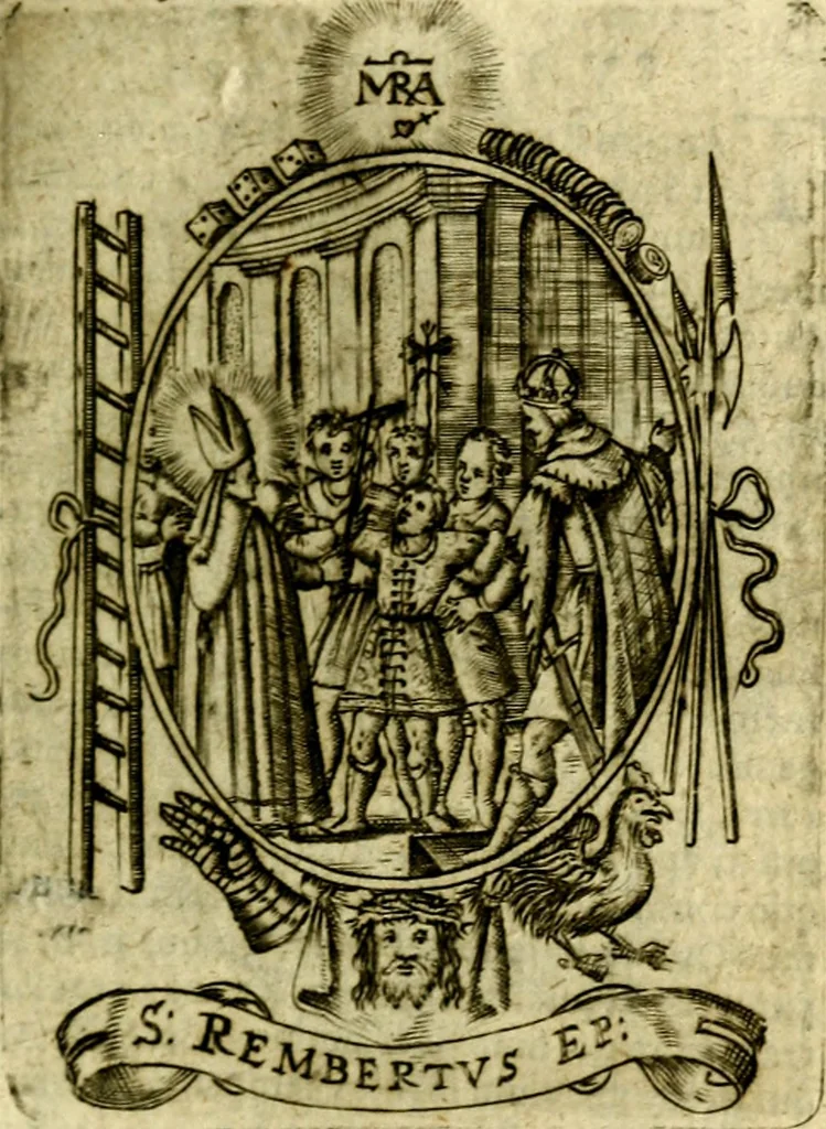 An illustration from Fasti Mariani cum illustrium diuorum imaginib. & elogijs prope DC. in singulos anni menses diésq SS. natales distributis, 1630, leaf 140