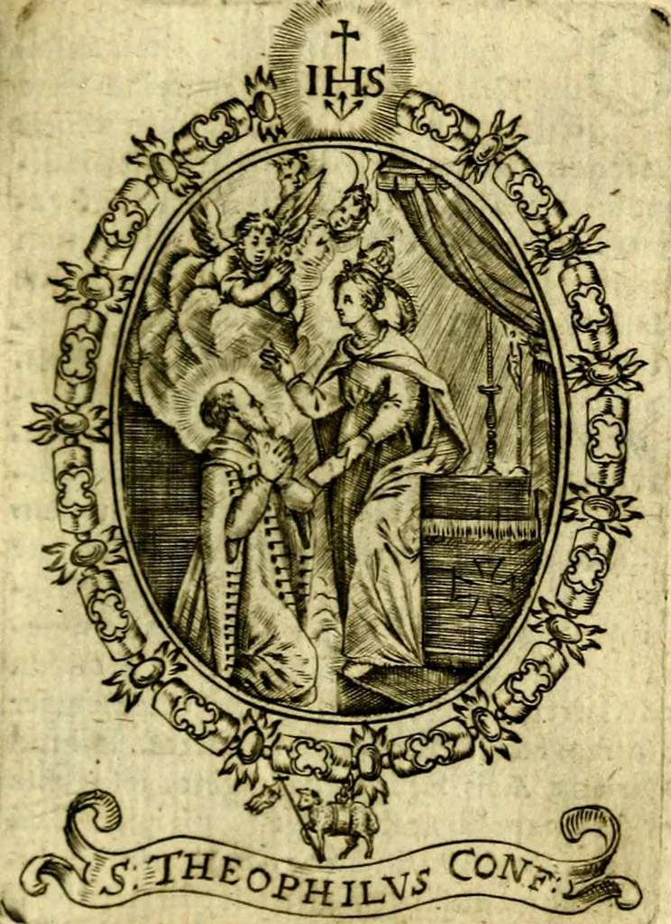 An illustration from Fasti Mariani cum illustrium diuorum imaginib. & elogijs prope DC. in singulos anni menses diésq SS. natales distributis, 1630, leaf 142