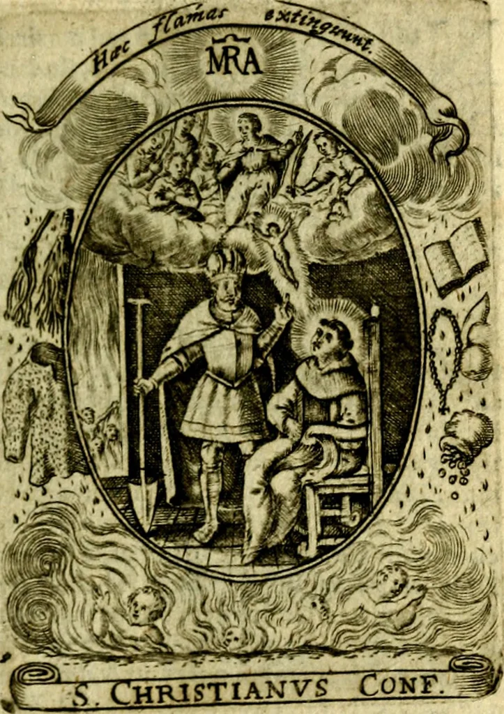 An illustration from Fasti Mariani cum illustrium diuorum imaginib. & elogijs prope DC. in singulos anni menses diésq SS. natales distributis, 1630, leaf 144
