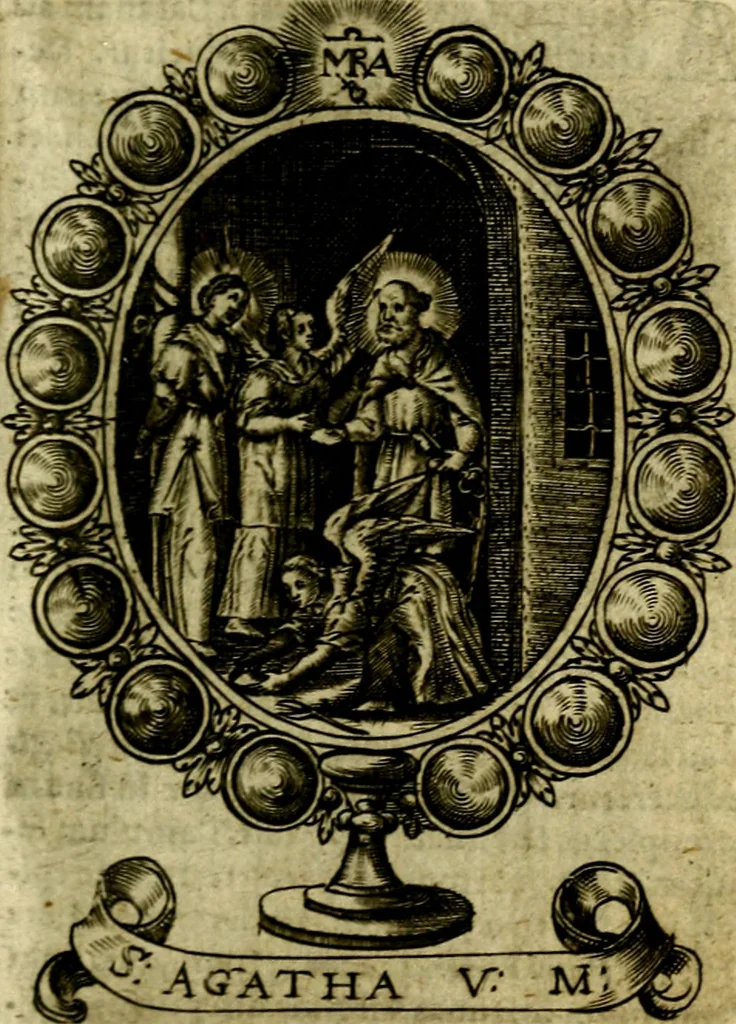 An illustration from Fasti Mariani cum illustrium diuorum imaginib. & elogijs prope DC. in singulos anni menses diésq SS. natales distributis, 1630, leaf 146