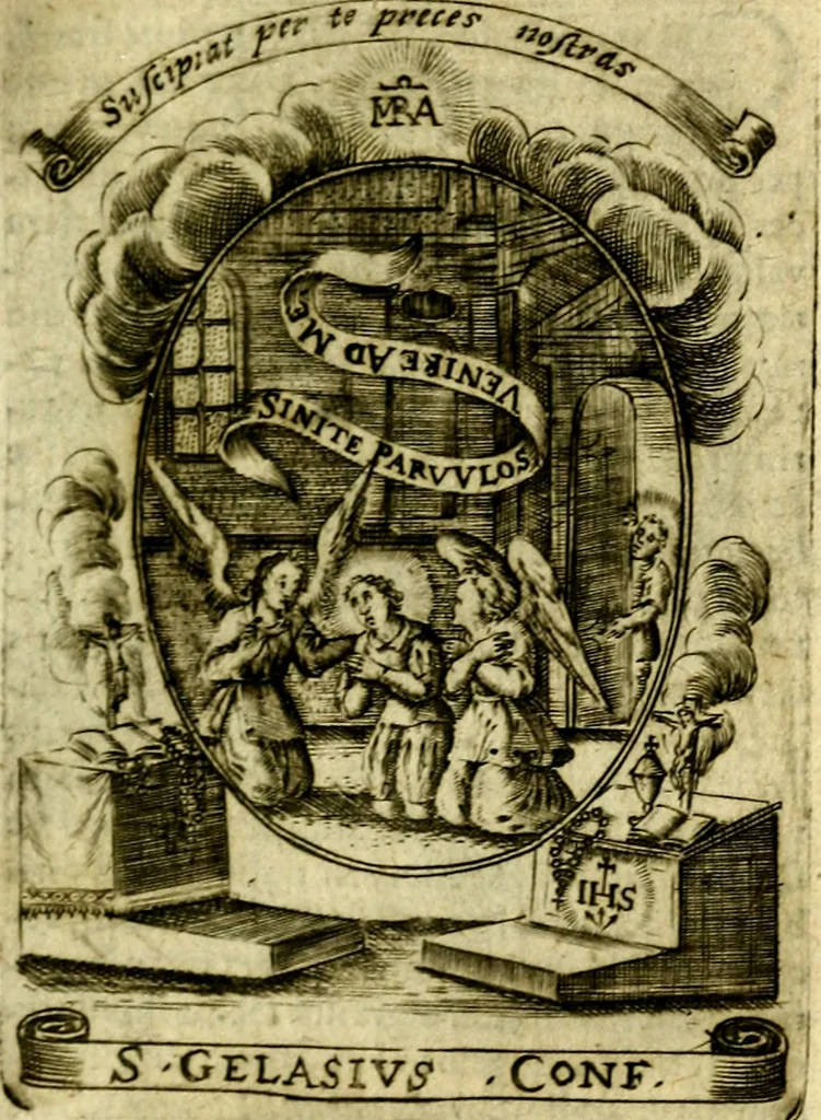 An illustration from Fasti Mariani cum illustrium diuorum imaginib. & elogijs prope DC. in singulos anni menses diésq SS. natales distributis, 1630, leaf 152