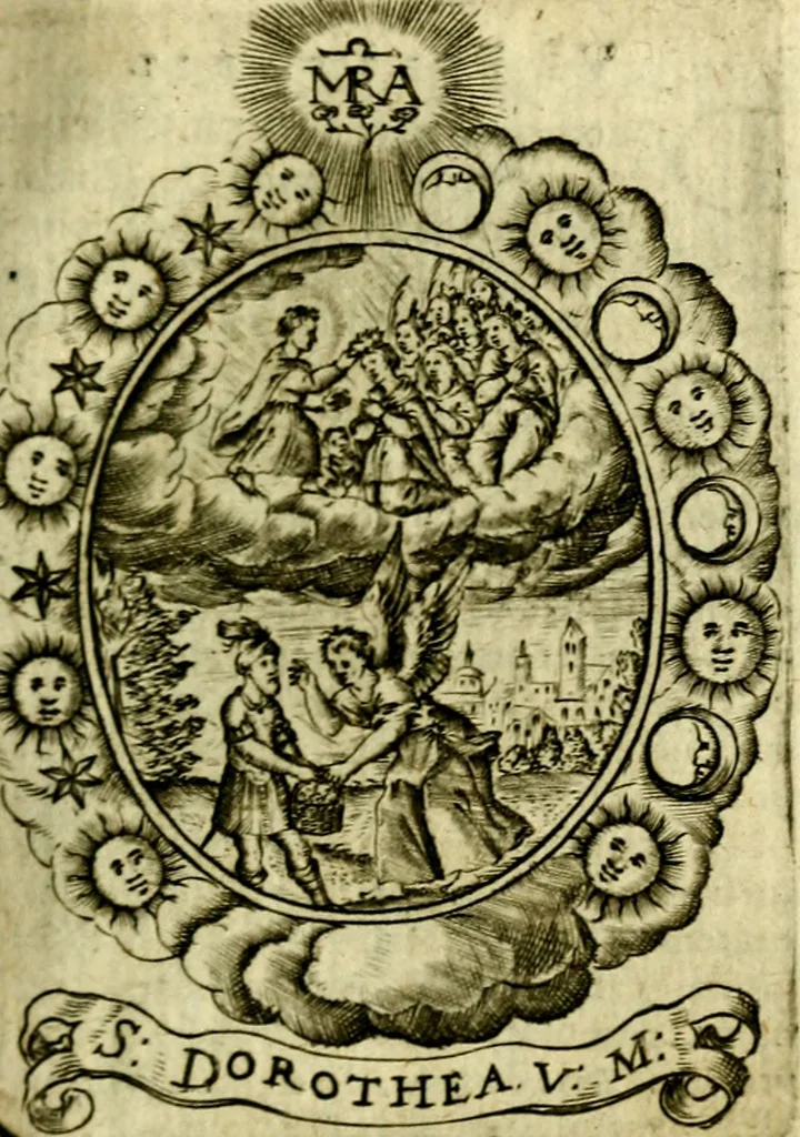 An illustration from Fasti Mariani cum illustrium diuorum imaginib. & elogijs prope DC. in singulos anni menses diésq SS. natales distributis, 1630, leaf 154