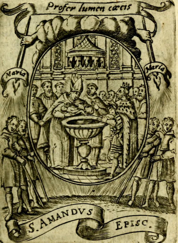 An illustration from Fasti Mariani cum illustrium diuorum imaginib. & elogijs prope DC. in singulos anni menses diésq SS. natales distributis, 1630, leaf 156