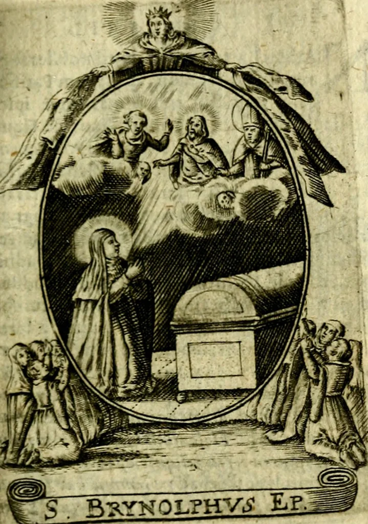 An illustration from Fasti Mariani cum illustrium diuorum imaginib. & elogijs prope DC. in singulos anni menses diésq SS. natales distributis, 1630, leaf 158