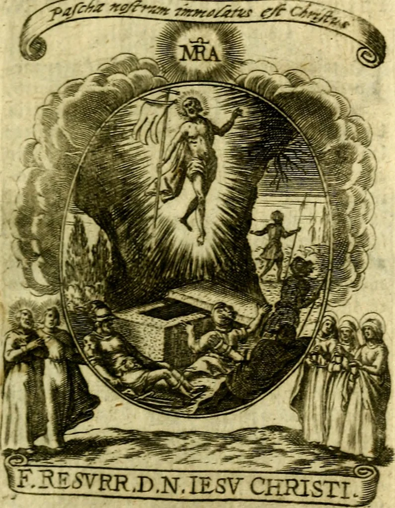 An illustration from Fasti Mariani cum illustrium diuorum imaginib. & elogijs prope DC. in singulos anni menses diésq SS. natales distributis, 1630, leaf 16