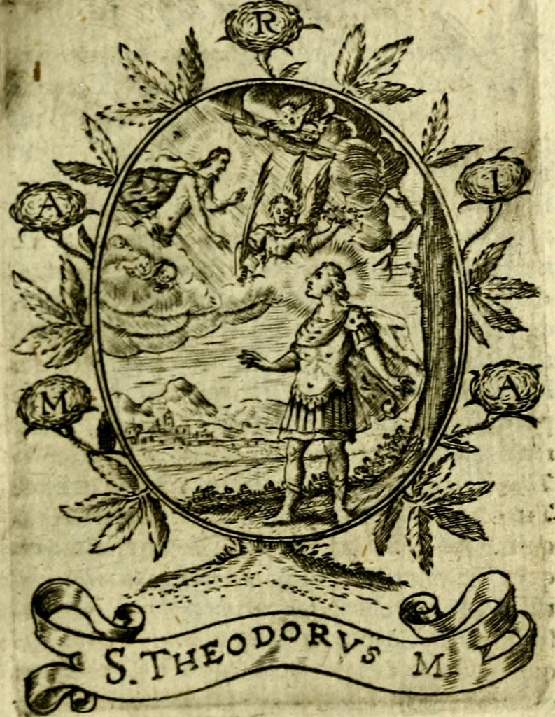 An illustration from Fasti Mariani cum illustrium diuorum imaginib. & elogijs prope DC. in singulos anni menses diésq SS. natales distributis, 1630, leaf 160