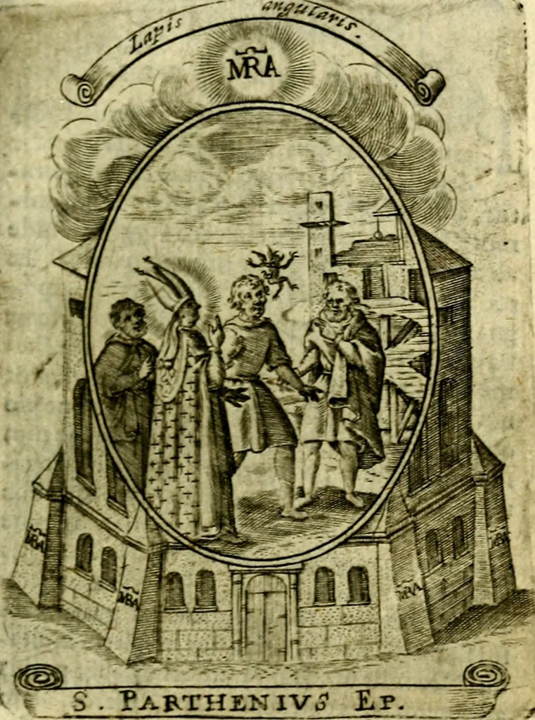 An illustration from Fasti Mariani cum illustrium diuorum imaginib. & elogijs prope DC. in singulos anni menses diésq SS. natales distributis, 1630, leaf 162