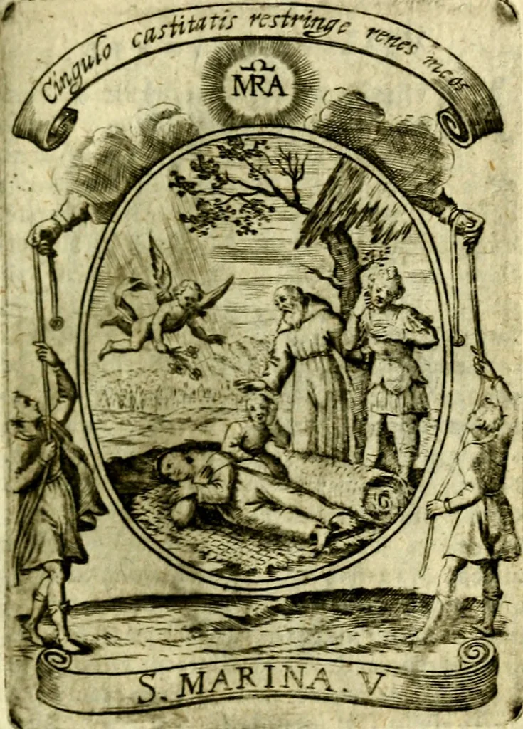 An illustration from Fasti Mariani cum illustrium diuorum imaginib. & elogijs prope DC. in singulos anni menses diésq SS. natales distributis, 1630, leaf 164