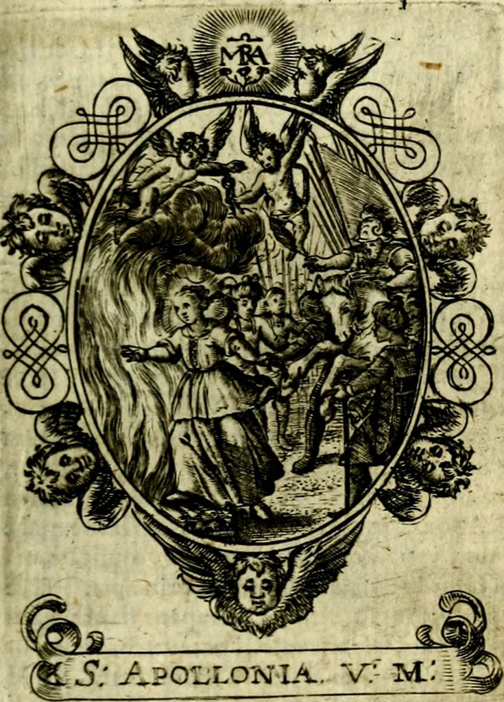 An illustration from Fasti Mariani cum illustrium diuorum imaginib. & elogijs prope DC. in singulos anni menses diésq SS. natales distributis, 1630, leaf 166