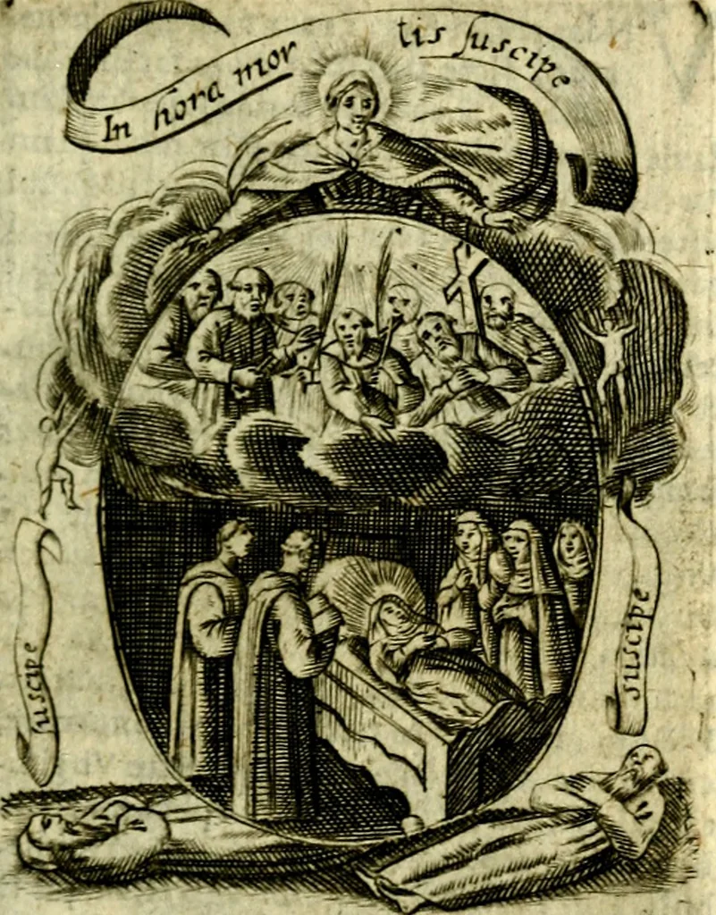 An illustration from Fasti Mariani cum illustrium diuorum imaginib. & elogijs prope DC. in singulos anni menses diésq SS. natales distributis, 1630, leaf 172