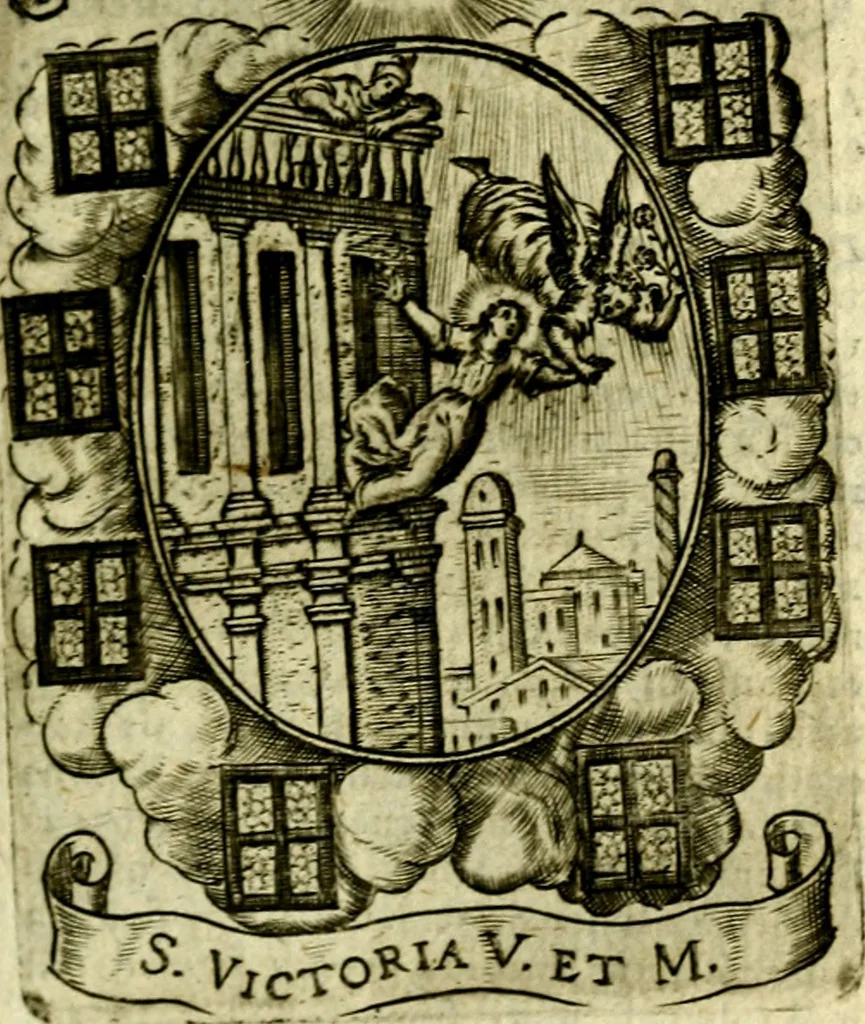 An illustration from Fasti Mariani cum illustrium diuorum imaginib. & elogijs prope DC. in singulos anni menses diésq SS. natales distributis, 1630, leaf 174