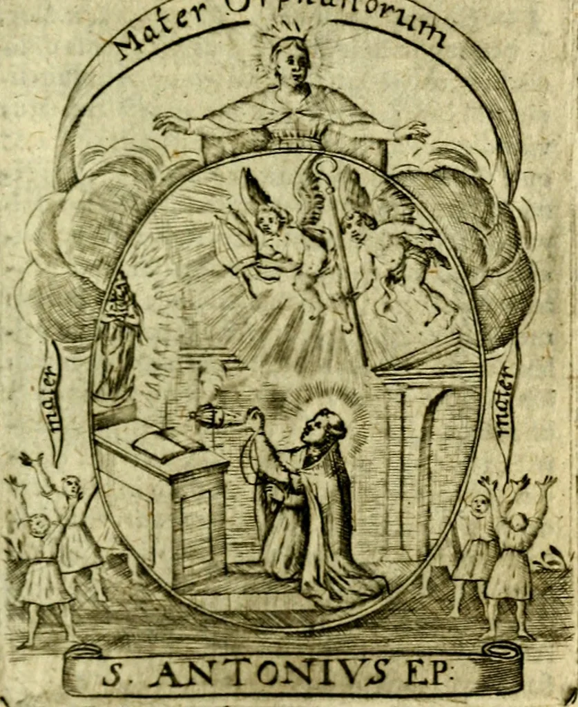 An illustration from Fasti Mariani cum illustrium diuorum imaginib. & elogijs prope DC. in singulos anni menses diésq SS. natales distributis, 1630, leaf 176