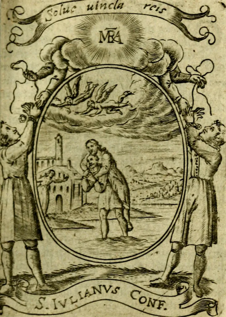 An illustration from Fasti Mariani cum illustrium diuorum imaginib. & elogijs prope DC. in singulos anni menses diésq SS. natales distributis, 1630, leaf 178