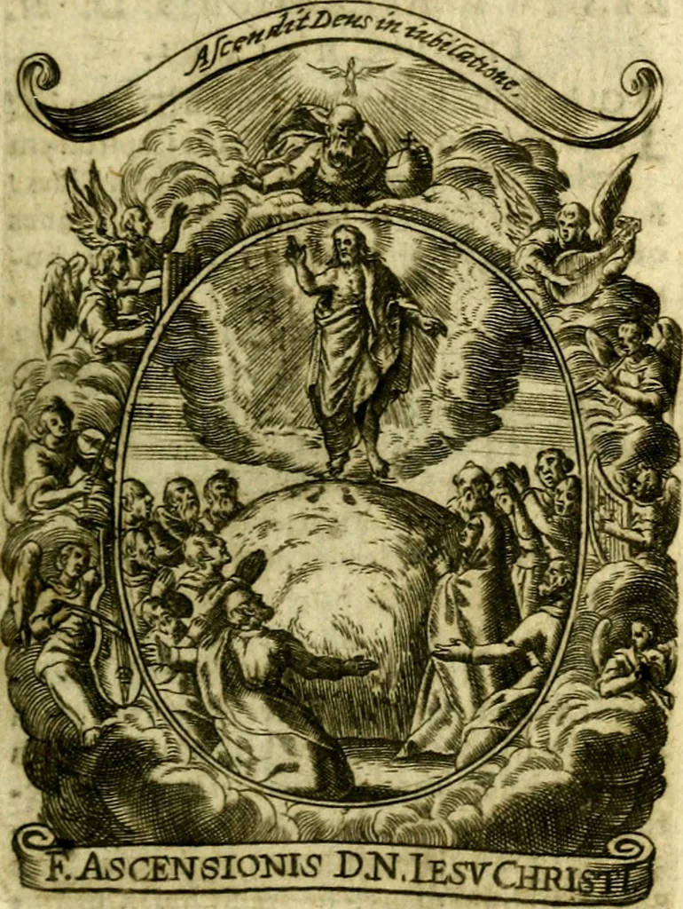 An illustration from Fasti Mariani cum illustrium diuorum imaginib. & elogijs prope DC. in singulos anni menses diésq SS. natales distributis, 1630, leaf 18