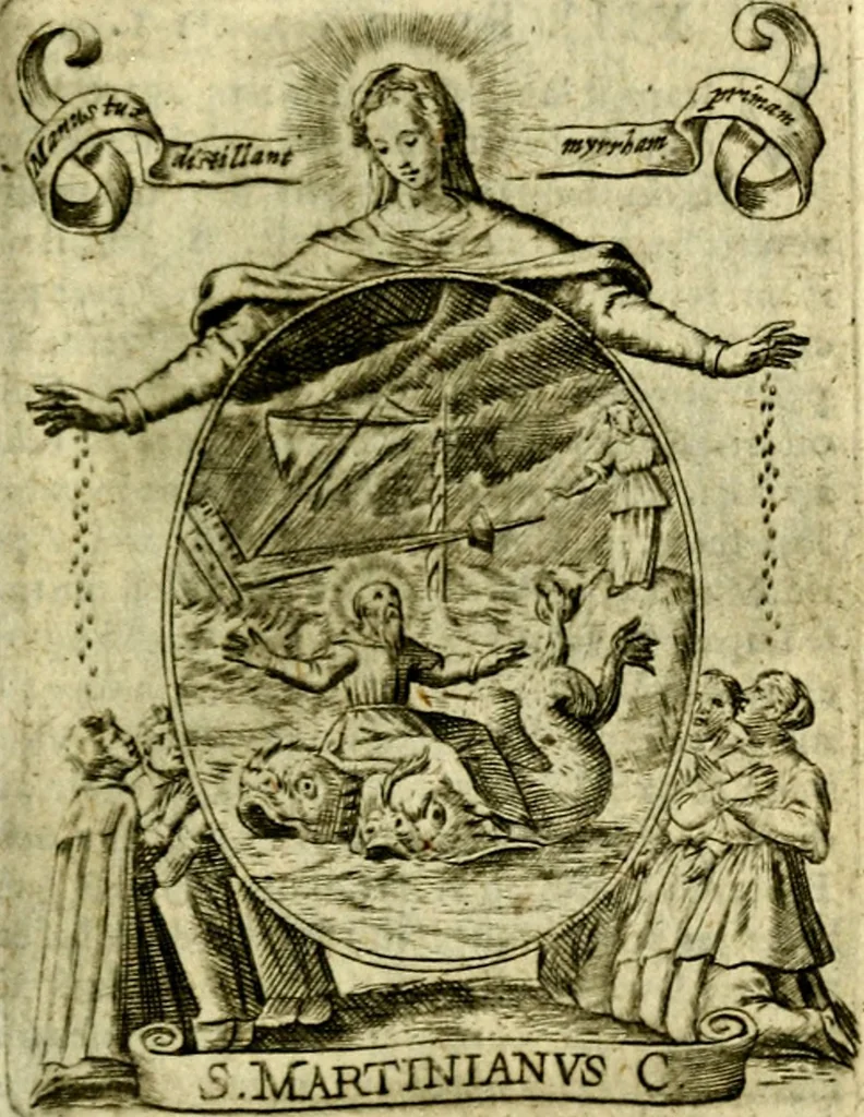 An illustration from Fasti Mariani cum illustrium diuorum imaginib. & elogijs prope DC. in singulos anni menses diésq SS. natales distributis, 1630, leaf 180